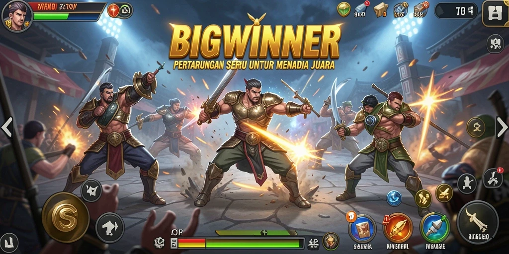 Screenshot gameplay BIGWINNER menampilkan pertarungan epik antar karakter.
