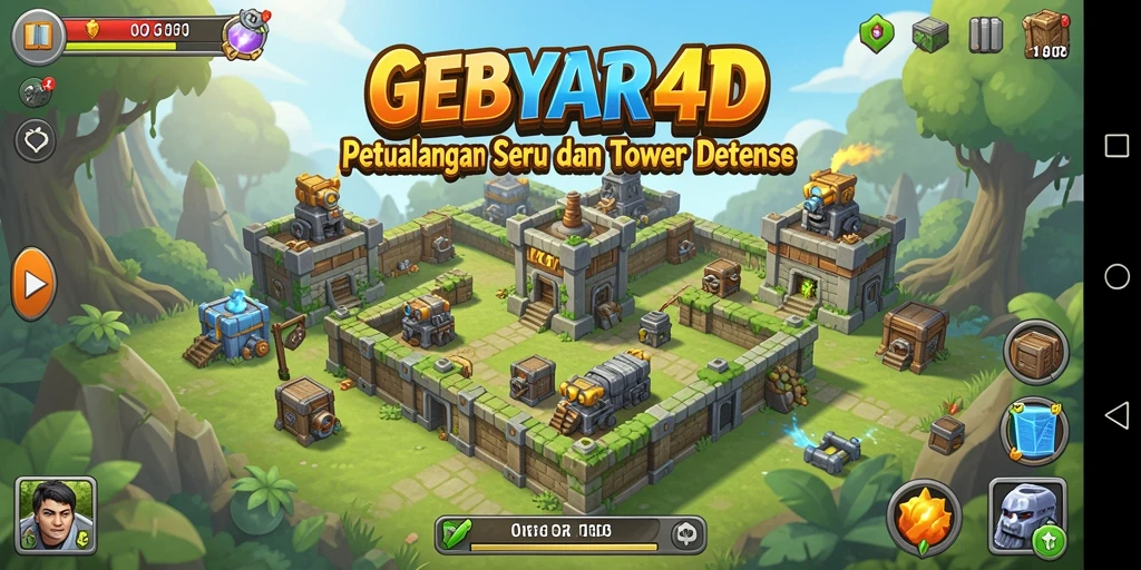 Screenshot gameplay GEBYAR4D menampilkan pertempuran seru di Tower Defense.