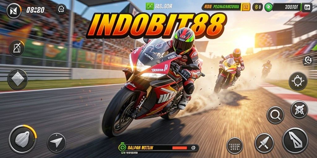 Screenshot utama INDOBIT88 menampilkan balapan motor yang seru.