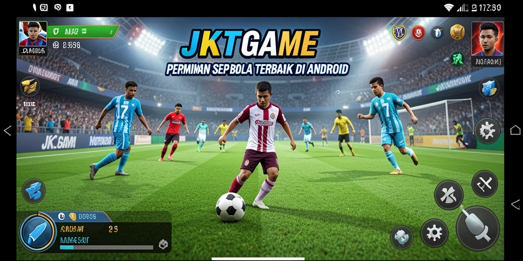 Screenshot menunjukkan gameplay sepak bola yang seru dan mendebarkan.